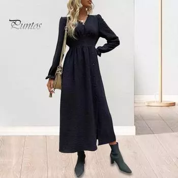 Весна Осень Женское Платье V-образный вырез Чистый Черный Высокая талия Длинные рукава-фонарики Декор на пуговицах Разрез по низу А-силуэта Для поездок на работу Свиданий Покупок Платье Миди S чёрный