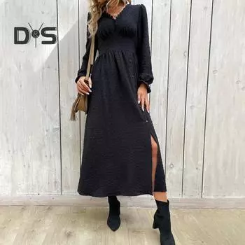 Весна Осень Женское Платье V-образный вырез Чистый Черный Высокая талия Длинные рукава-фонарики Декор на пуговицах Разрез по низу А-силуэта Для поездок на работу Свиданий Покупок Платье Миди S чёрный