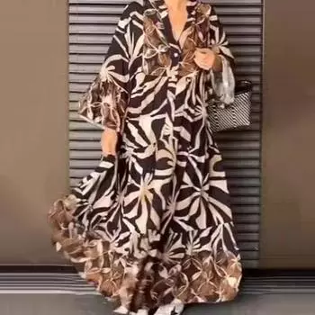 Весна Осень Женское Платье V-образный вырез Цветочный Принт Свободный А-силуэт Длинные рукава Плиссировка M армия зеленый