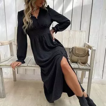 Весна Осень Женское Платье V-образный вырез Чистый Черный Высокая Талия Длинные Рукава-фонарики Декор Пуговицы Разрез S чёрный
