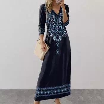 Весна Осень Женское Платье V-образный вырез Длинные рукава А-силуэта Цифровой Цветочный Принт Для Знакомств Макси Платье Повседневное S синий