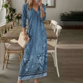 Весна Осень Женское Платье V-образный вырез Длинные рукава А-силуэта Цифровой Цветочный Принт Макси Платье Для Свиданий Повседневная Одежда Свободное Платье S синий