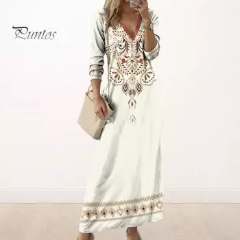 Весна Осень Женское Платье V-образный вырез Длинные рукава А-силуэта Цифровой Цветочный Принт Макси Платье Для Свиданий Повседневная Одежда Свободное Платье S белый