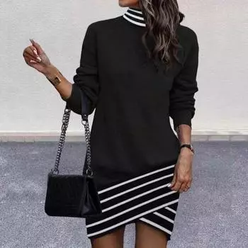 Весна Осень Женское Платье Высокий Воротник Неровный Подол Леопардовый Принт Лоскутное Длинное XL хаки