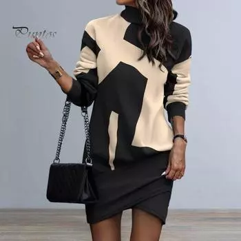 Весна Осень Женское Платье Высокий Воротник Неровный Подол Леопардовый Принт Лоскутное Длинные Рукава Свободное Мини Платье Для Свиданий На Работу L хаки