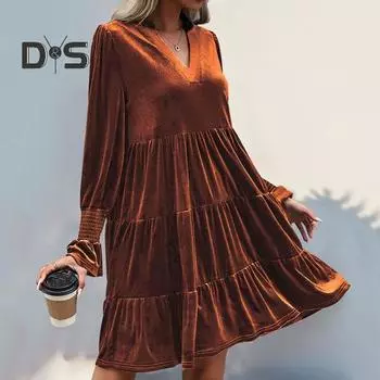 Весна Осень Женское Платье Золотого Бархата V-образный вырез Плиссированные Лоскутные Длинные Рукава А-силуэта Однотонный Цвет Длина До Колена Знакомства Шопинг Платье Миди XL темно-зеленого