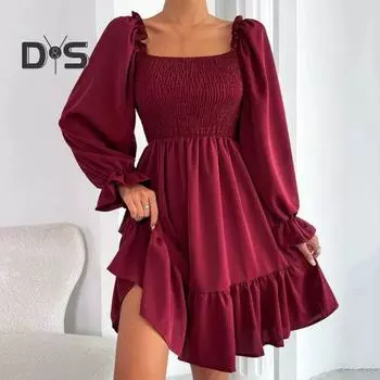 Весна-Осень женское плиссированное мини-платье с запахом на груди с квадратным воротником и длинным рукавом с высокой талией и рюшами со свободным подолом, однотонное платье трапециевидной формы XL чёрный