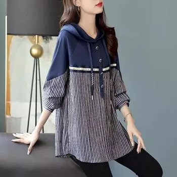 Весна-Осень Женское Полосатое Пальто С Капюшоном Сращивание Дамский Длинный Рукав Пуловер Корейский Повседневный Куртка Свободный Тонкий Пальто XXXXL темно-синий