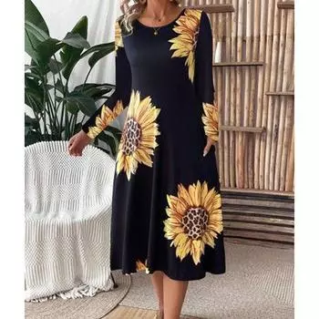 Весна Осень Женское Свободное Длинное Рукав О-Образным Вырезом Цветочный Принт Повседневное Цельное Платье S