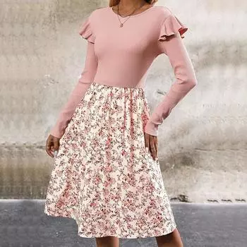 Весна Осень Женское трикотажное платье Модное цветочное пэчворк Облегающее платье Длинные рукава Милые розовые платья А-силуэта длиной до колена S