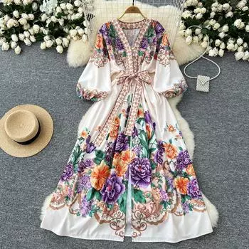 Весна Осень Женское V-образный вырез Винтаж Дворцовый Принт Однобортный Длинный Макси Вечернее Платье S белый