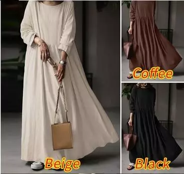 Весна Осень Женское Винтажное Однотонное Длинное Платье Женский Сарафан Повседневный Длинный Рукав Плиссированные Платья Ретро Длинное Свободное Платье 5XL чёрный