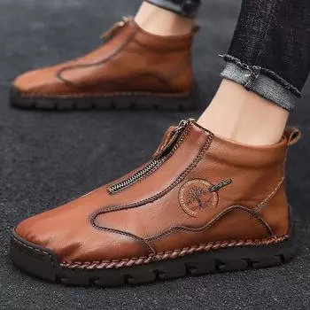 Весна Осень Зима Кожаные Ботинки Ручной Работы Комфортная Меховая Повседневная Обувь Ботильоны для Мужчин Осенние Ботинки Дизайн Молнии Обувь Для Вождения 38 чёрный