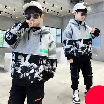 Весна Осень Зима Мальчики Пальто С Капюшоном Повседневная Толстовка Свободная Длинный Рукав Хлопковая Одежда Для Детей 4-14 Лет 120 чёрный