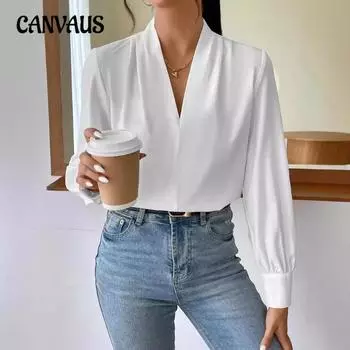 Весна Осень Зима Рубашка Длинный Рукав Блузка Дизайнерский V-образный вырез Однотонный Свободный Топ S белый