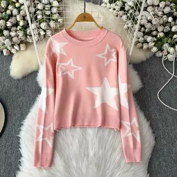 Весна Осень Звезды Жаккард Вязаный свитер Пуловер Топы Женская Мода Джемперы One Size чёрный