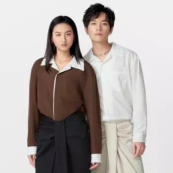 Весна Женщины Мужчины Унисекс Длинный рукав Принт Лоскутные пуговицы Повседневные рубашки Блузка M коричневый