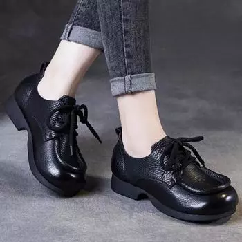 Весна Женские Удобные Туфли на Шнуровке Искусственная Кожа Ретро Мода Лоферы Мягкая Подошва Британский Стиль Противоскользящие Повседневные Туфли EU40/CN41 чёрный