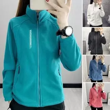 Весна-зима Женская куртка с воротником-стойкой из флиса, застежка-молния, длинный рукав, однотонный кардиган, сохраняющий тепло, спортивная верхняя одежда с карманами XL зелёный