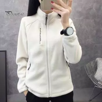 Весна-зима Женская куртка с воротником-стойкой из флиса, застежка-молния, длинный рукав, однотонный кардиган, сохраняющий тепло, спортивная верхняя одежда с карманами XL белый