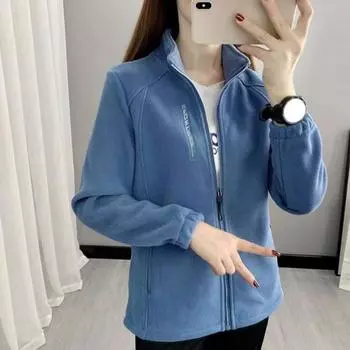 Весна Зима Женская Куртка Стоячий Воротник Полар Флис Застежка Молния Куртка Длинная XL синий