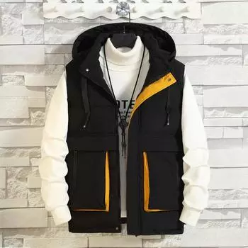 Vest men s autumn and winter trend personalized down cotton thickened vest big pocket thermal vest jacket vest M (60-42.5 kg) чёрный