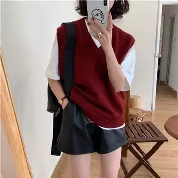 Vest Sleeveless Knitting Spring & Fall Bandage Dress V-neck Sweater Burgundy L