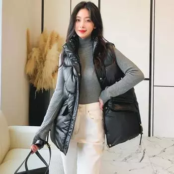 Жилет женский 2024 осень-зима новая версия свободный универсальный и тонкий пуховый хлопковый жилет модный блестящий жилет верхняя одежда M светло-зеленый