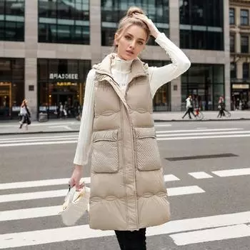 Жилет женский с капюшоном средней и длинной длины осенне-зимняя мода большого размера безрукавка жилет одежда жилет женский L белый