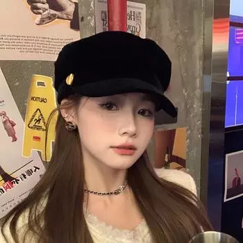 Вестерн бархатный берет женская осенне-зимняя ретро шляпа с плоским верхом темно-синяя шляпа британского художника черного цвета M54-58cm чёрный