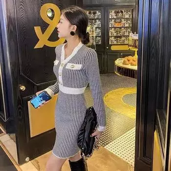 Вестернизированное вязаное платье-свитер с v-образным вырезом в клетку для женщин с высокой талией, платье-свитер, женские топы One Size чёрный