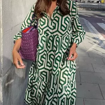 Vestido Maxi Женское винтажное платье макси с принтом Летнее повседневное длинное платье с отложным воротником и длинными рукавами Женское пляжное платье-рубашка в стиле бохо Праздничный халат S
