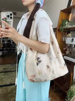 Ветер китайская бабочка холщовая сумка женская большая вместительная жилетная сумка через плечо легкая и тонкая студенческая сумка для покупок