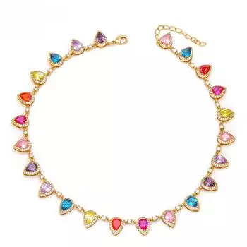 Ветер конфетного цвета Капля воды Цирконий Камень Женский Смешанный цвет Свет Роскошная мода Личность Медная нижняя часть Настоящее золото Цепное ожерелье с воротником Adjustable size