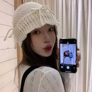 Ветер милый бант шляпа панама женская универсальная милая вязаная шапка шерстяная шапка осень и зима новая шапка M56-58cm бежевый