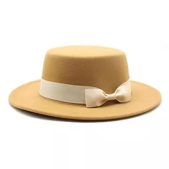 Ветер Мужские и женские шляпы с плоскими полями Модные банты Шляпы с плоским верхом Мужские и женские шерстяные джазовые шляпы M56-58cm светло-коричневого