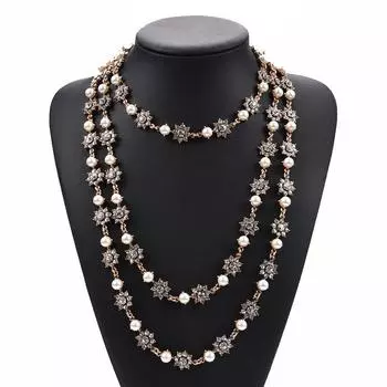 Ветер преувеличенный многослойный жемчужный кристалл драгоценный камень ожерелье длинный свитер цепи аксессуары