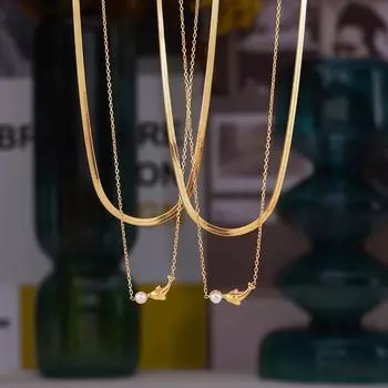 Ветер Простая подвеска в виде дельфина с бусинами, цепочка на ключицу, ниша, светлая, роскошный дизайн, титановая сталь, покрытая золотом 18 карат, ювелирные изделия для женщин