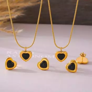Ветер Ретро Черный Любовь Ожерелье Серьги-гвоздики Набор Титановая сталь Не выцветает Популярные женские аксессуары