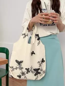 Ветер ретро вышитая кружевная бабочка тканевая сумка дорожная повседневная женская сумка холщовая сумка большая вместительная сумка через плечо абрикосовый