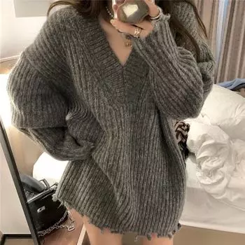Ветер средней длины, шерстяной свитер с напуском и v-образным вырезом, женский осенне-зимний дизайн, свободный пуловер с длинными рукавами, свитер, топ