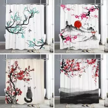 Ветка цветущей красной сливы Японская китайская занавеска для душа Восточное солнце Туманные горы Чернила Природа Пейзаж Ванная комната Искусство Шторы 90x180cm