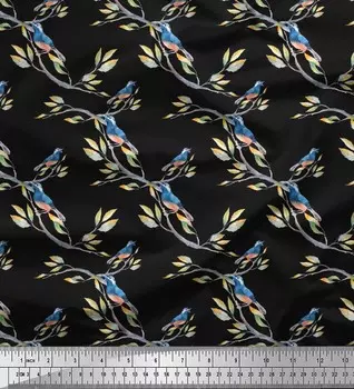 Ветка креповой ткани Soimoi Poly | Ткань с принтом «Листья и американский щегл» в виде птиц, 42 дюйма в ярдах 42 Inch Wide - Poly Crepe чёрный