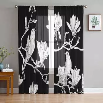 Ветка магнолии с цветами и птицами, оконные шторы, прозрачный шифоновый тюль, занавеска для дома, гостиной, фоновое украшение 135W x 114H(cm)