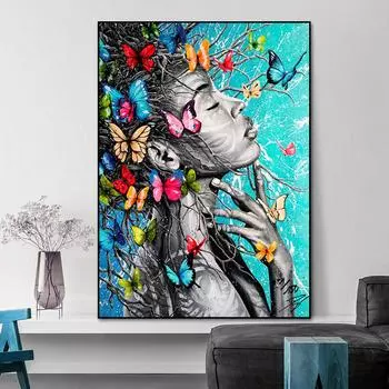 Ветка на голове девушки Холст Картина с красочными бабочками Плакаты и принт настенные художественные картинки для гостиной Домашний декор 21*30cm