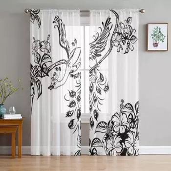 Ветка павлиньего дерева цветы гибискуса шифоновые прозрачные шторы для гостиной спальни оконные занавески вуали тюль Cortinas 135W x 114H(cm)