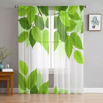 Ветка Свежие Зеленые Листья Прозрачные Шторы для Гостиной Прозрачный Тюль Оконные Шторы Спальня Кухня Домашний Декор Вуаль Шторы 135W x 114H(cm)