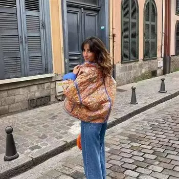 Ветреная осень и зима, новая маленькая цветочная свободная стеганая теплая хлопковая куртка женская легкая и милая хлопковая куртка S