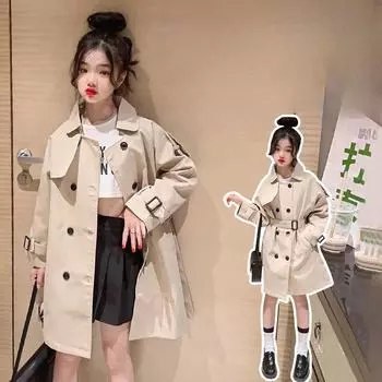 Ветровка для девочек Весенняя и осенняя одежда Детские качественные модные куртки Ветровки в британском стиле для больших детей 170 хаки