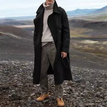 Ветровка классическая осенне-зимняя длинная мужская повседневная свободная выше колена мужская куртка уличная куртка S-2XL S чёрный